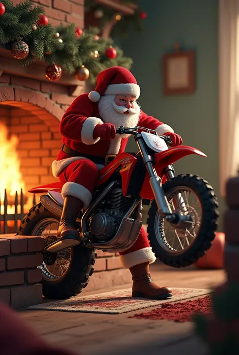 Create an image of Santa Claus strenuously pulling a motocross bike into a chimney 