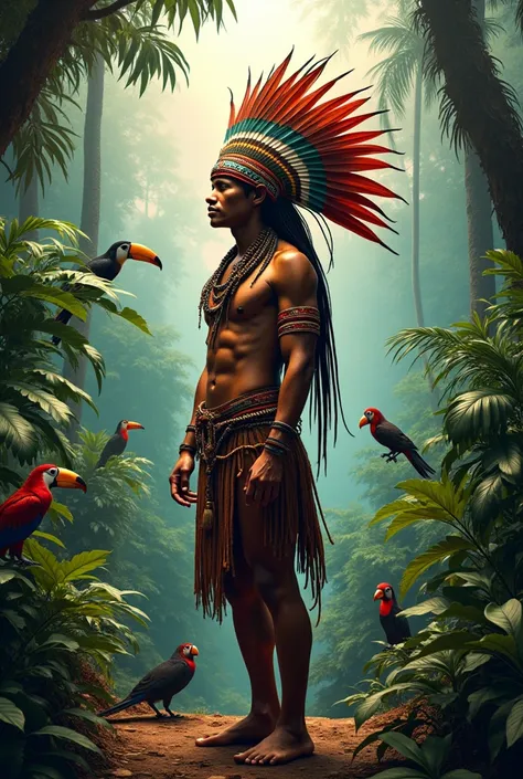  An indigenous warrior wearing a feather headdress ,  standing in a lush rainforest .  The warrior has strong and calm features , representing strength and wisdom.  The background includes dense green foliage ,  colorful birds such as parrots and toucans ,...