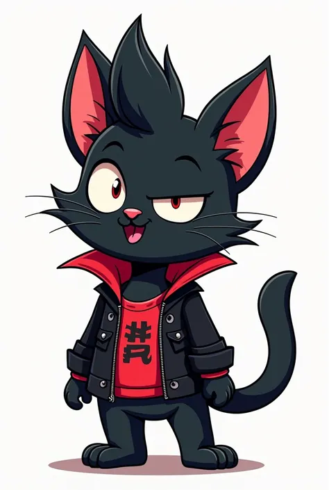  Create in Cartoon, a black cat with a pompadour tuft ,  wearing a black jacket with red collars.
With name spelled REBEL CAT GAMES 

White background 