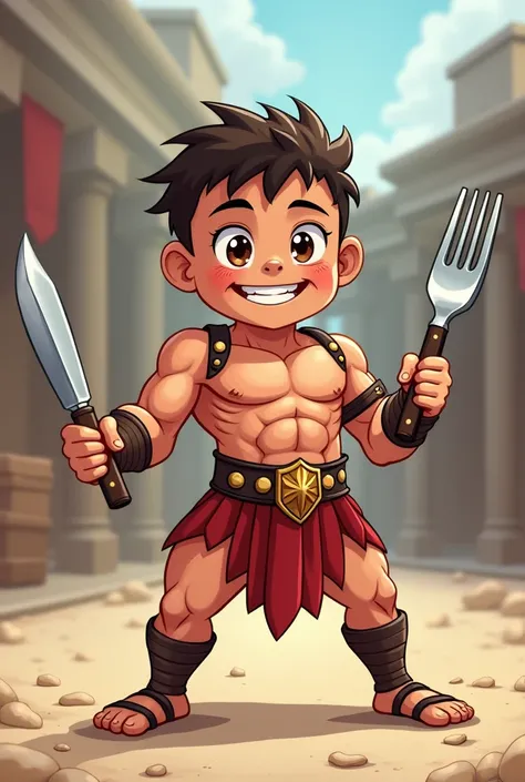 A mini cute male muscular gladiator who holds a fork on the right and a knife on the left the gladiator should be well-trained but funny sweet and hungry 