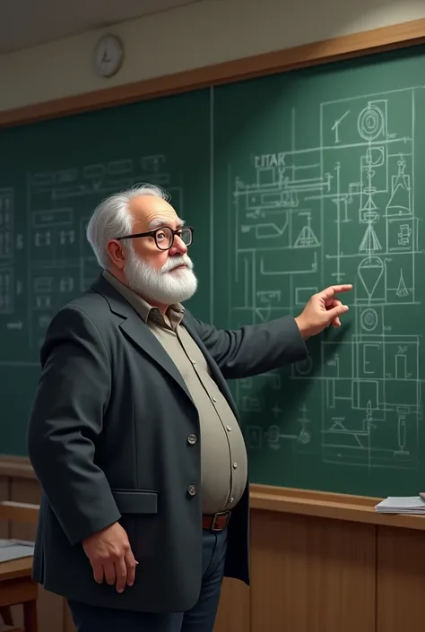  Draw a 70-year-old man without a beard teaching technical drawing on a blackboard. His hair is quite short and completely white , He doesnt have a beard and has rectangular glasses .  He has a fairly round head and is slightly fat  