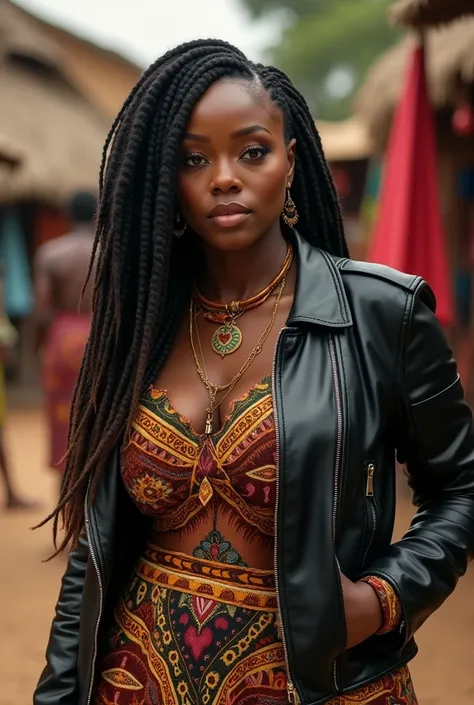 Femme metisse veste cuir, tenue africaine, elle est grosse 