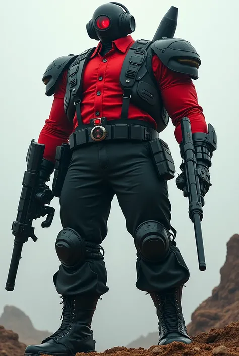 Giant man wearing black pants military boots red formal shirt with long sleeves black gloves his head is a black music player with red speakers he has two black cannons in each hand and a red energy core in his chest accompanied by a pair of black speakers...