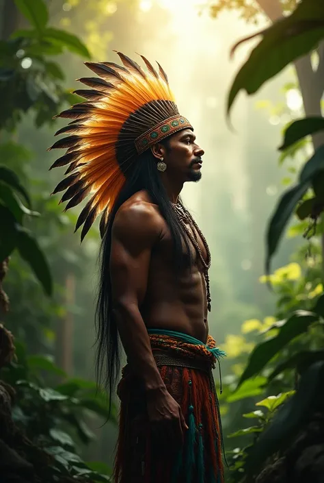  An indigenous man standing with a headdress of colored feathers on his head , in a serene and dignified pose ,  symbolizing wisdom and connection with nature .  The background is a rainforest with green leaves ,  soft sun rays crossing the trees and an at...