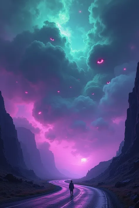 poster, ((quality 1.5)) , HD, 4K, ((sci-fi)), ((futurist)), ((realistic));  a cosmic twilight , (( purple colors )), (( eyes among the fog )), ((Many eyes)), (( fluorescent green tones )),  below a landscape with a road. (((details))). ((Eyes and lights ))...