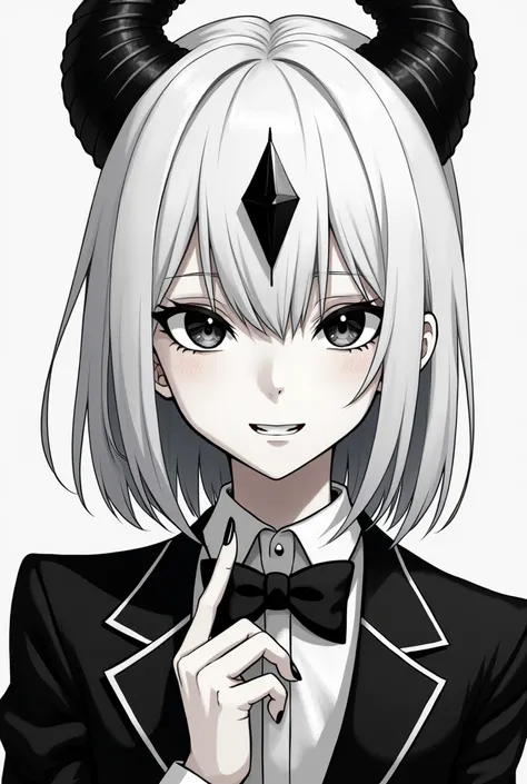 a boy with white shoulder lenght hair, wearing a black and white suit with a monochrome bowtie, with sharp black and white eyes with sharp slit pupils, with sharp fingers, with fangs, with a black diamond gemstone on the forehead, and smooth black horns (a...