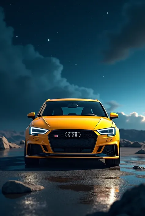 yellow audi a3 in night sky with frontal visual 