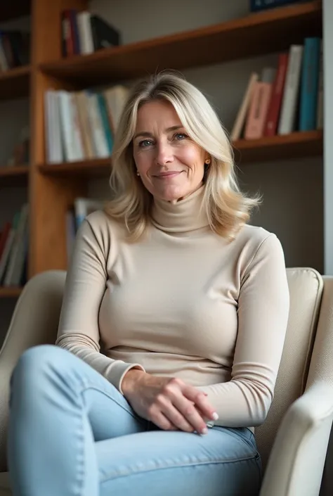 A 45-year-old woman with a slightly fuller figure, light blonde shoulder-length hair (without bangs), gray-blue eyes, and a slightly larger-than-average bust. She sits comfortably in a stylish armchair, wearing a soft beige turtleneck and light jeans. Her ...