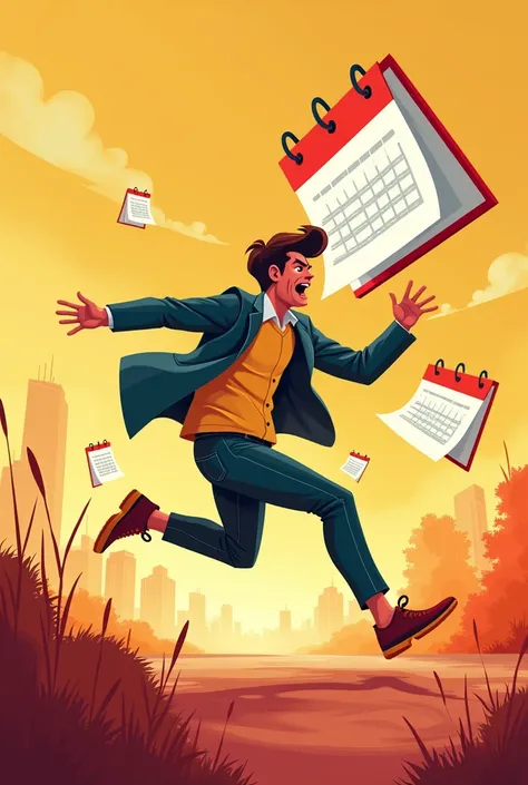 A person running or looking anxious ,  with a calendar showing that time is running out .  Use colors like red and yellow to create a sense of urgency.