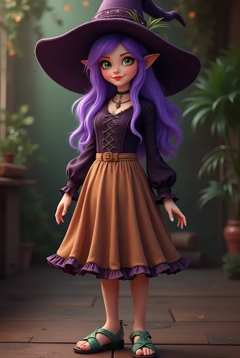 A hot young woman witch, with vibrant purple hair and a similar purple witch-style hat, stands on a wooden floor. Her expression is light and friendly, with noticeable green eyes. Her outfit includes a long-sleeved, dark-purple top with decorative lacing d...