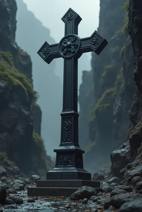 Thick black medieval cross with dark rock background