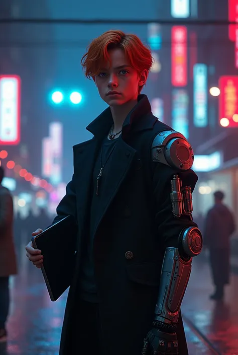  Create an image of a young mature boy  , on a street that shines in neon colors  ,  show one of his arms being a mechanic  ,And the rest of the human body  , Give him a black coat  ,  also show him with a Tablet in one of his arms and give him red hair  ,...