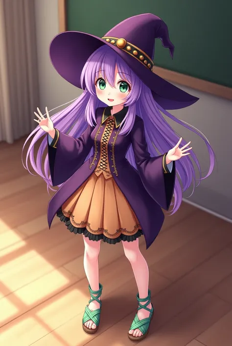 A hot young woman anime witch, with vibrant purple hair and a similar purple witch-style hat, stands on a wooden floor. Her expression is light and friendly, with noticeable green eyes. Her outfit includes a long-sleeved, dark-purple top with decorative la...