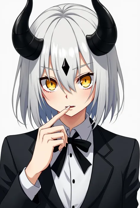 1boy, a boy with white shoulder lenght hair, wearing a black and white suit with a monochrome bowtie, with sharp golden yellow eyes with sharp slit pupils, with sharp fingers, with fangs, with a black diamond gemstone on the forehead, and smooth black horn...