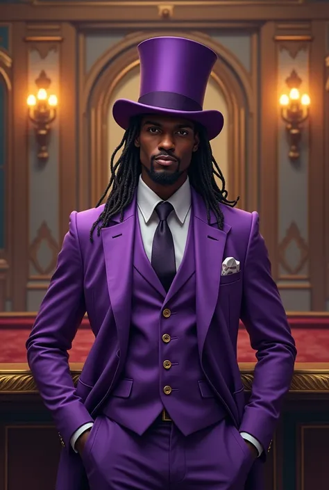 Play a character who is a gambler in a purple suit with a top hat,  he is Afro-descendant and has braided hair , He also has black skin ,  full body image,  places a betting house in the background 