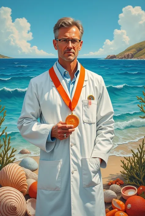  A painting as a gift about Pharmacists Day .  It has an orange medal and marine products. Also, the . background of the painting shows the sea 