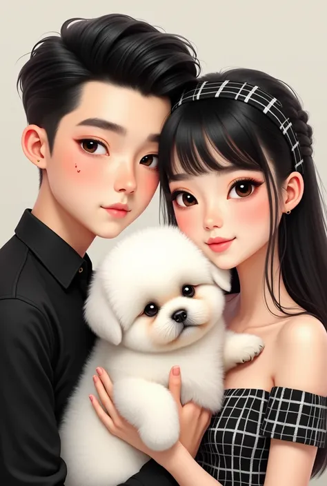  Smiling couple both with black hair  , The boy has a black blouse and a subtle polka dot on his left lip ,  hair trimmed on the sides and up combed all the way back a little square face,  girl with long hair, braids similar to a headband and small bangs w...