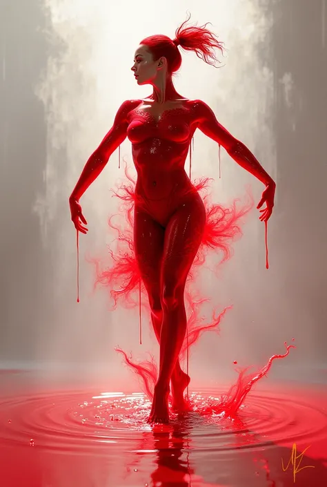  make the silhouette of a gymnast,   defined by red paint , with texture, projection of light and shadow . 

Put more fluidity , reflection.   As if pouring resin on top of the athlete. 