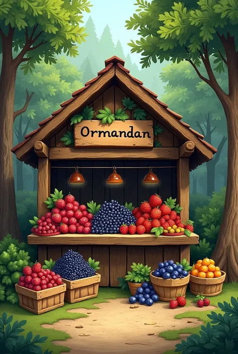 “ORMANDAN” branded fruit stand and fruits such as blueberries, black currants, gooseberries and aronia