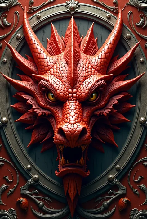 detailed intricate heraldic coat of arms, red dragon head, medieval fantasy, ornate, ornamental, highly detailed,best quality, 4k, 8k, highres, masterpiece:1.2, ultra-detailed, realistic, photorealistic, photo-realistic:1.37, sharp focus, vivid colors, stu...