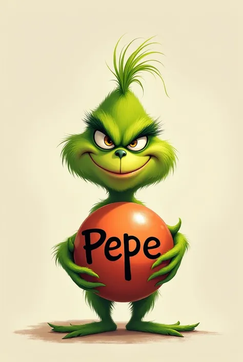 Babygrinch with a ball in his hand with the name Pepe on it 
