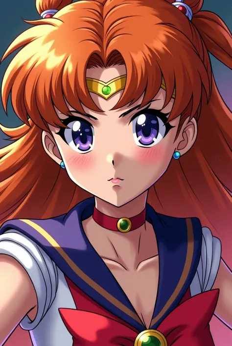  creates a character from Sailor Moon from the 90s who is a sailor scout with copper hair and identical to that of Sailor Venus with curls at the ends of her hair.  with the costume of Sailor Mars , With a determined and defiant angry look . WITH STRAIGHT ...