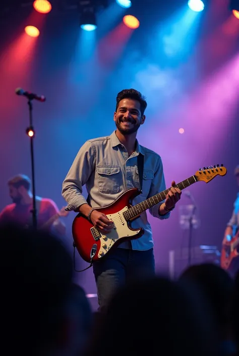 Photograph captured in a crowd during a concert, focusing on a handsome man playing the guitar. He IS ON stage and wears casual clothes and displays a genuine smile, clearly engaged and happy with the moment. In the background, the show stage is visible, i...