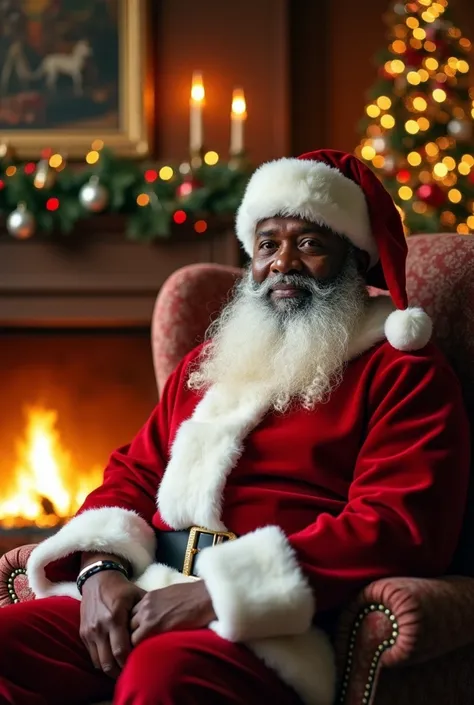 A majestic African-American Santa Claus, light brown eyes, soft and happy expression, snow-white beard.  sits in a plush armchair, surrounded by the warm glow of a crackling fireplace and the vibrant scent of a towering Christmas tree in a grandiose and el...