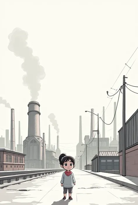 Create an image of a girl coming to town and seeing big factories(simple drawing)