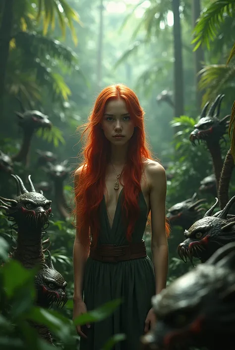 a beautiful red haired girl,girl with long red hair,girl in a lush tropical island,island with millions of demonic creatures,dark fantasy,surreal landscape,dramatic lighting,cinematic composition,fantasy art,digital painting,photorealistic,8k,highly detail...