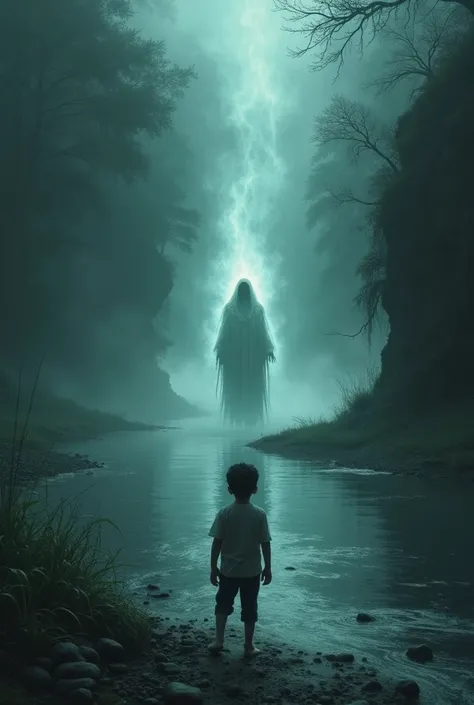 Develop a story about a boy who , out of curiosity ,  decides to follow the trail of crying coming from the ,  river only to meet the terrifying figure of La Llorona and discover the reason behind his pain.