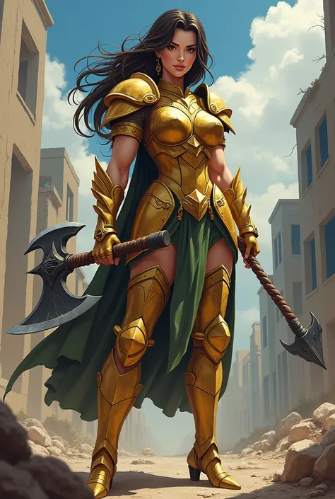 Warrior woman in golden armor holding an axe, in an apocalyptic setting,  ultra detailed,  Ultra realistic,  anime style 