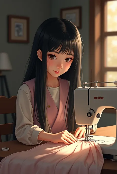 A young Asian girl with long black hair sewing a jacket 