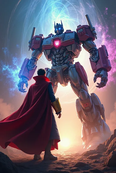 "Doctor Strange,  with his floating mantle and the Eyes of Agamotto shining brightly ,  recalls the old pact with the Autobots . Before him,  Optimus Prime transforms majestically ,  revealing his shining and imposing armor . On a multicolored dimensional ...