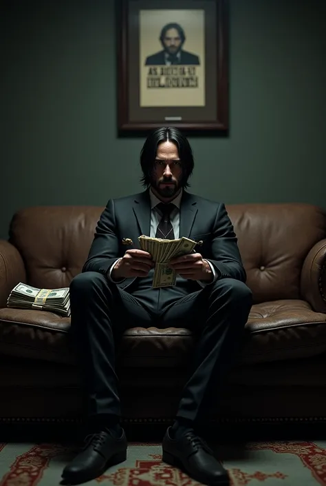 John wick sitting on couch holding $100k and a glock with poster on wall saying John blick