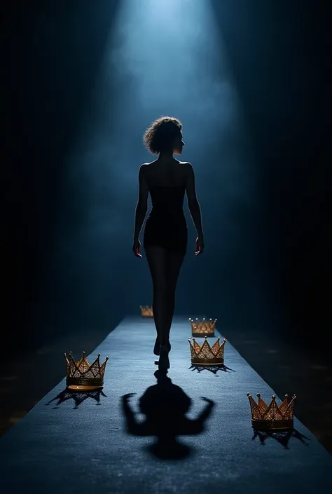  Make the cover of a musical album with a black background , gold dark blue ,A a runway with dramatic lighting 6 crowns fallen on the runway floor with a female silhouette parading on the dark runway illuminated with a low light dark blue with gold 