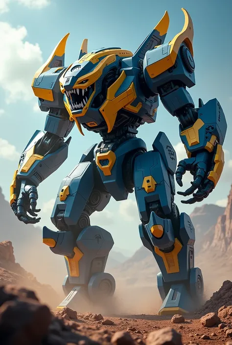 A tiger-tooth saber robot, zoids style, blue and yellow, alien battle as a backdrop.