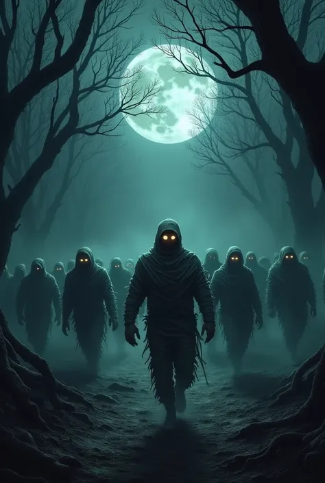  A dark and misty forest ,  with hundreds of mummies walking towards the spectator, And with the full moon in the sky .