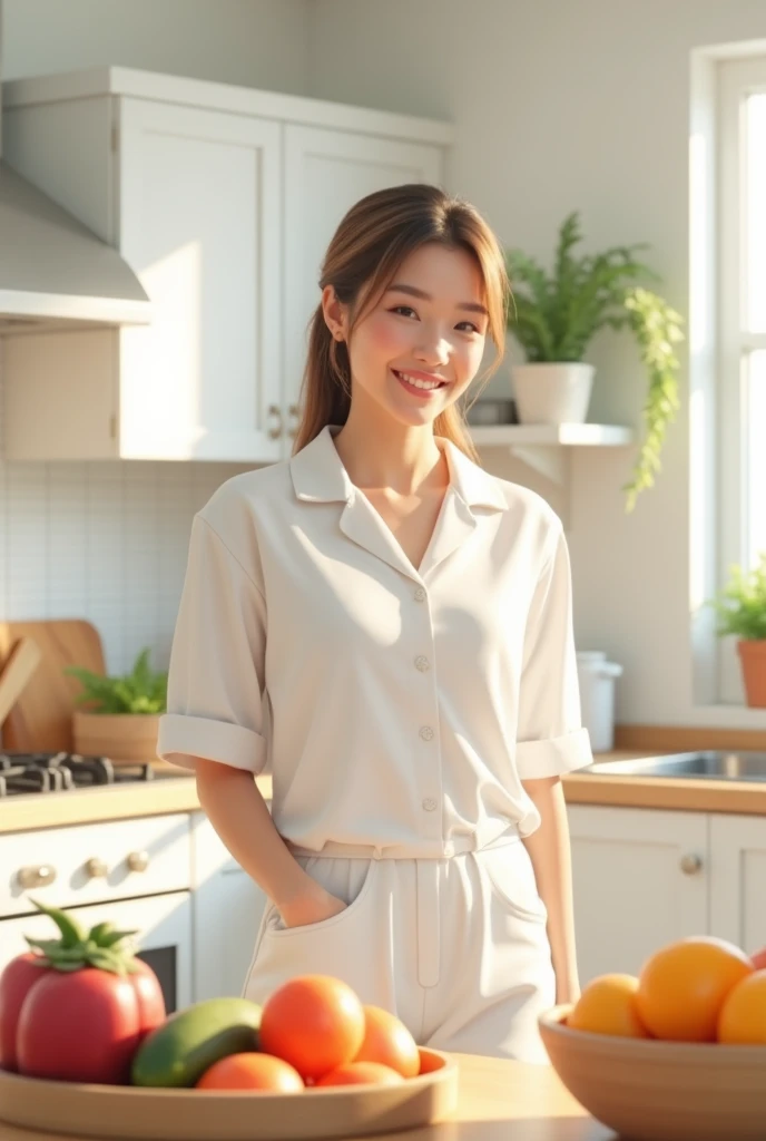 Now make an image similar to the first one, but in a kitchen with white clothes and smiling. 