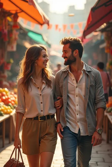 Happy couple in a market with casual but well-dressed clothes