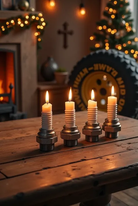 picture of a wooden table with four candles. the candles are shaped like a spark plug.  in the background one goodyear tire, christmastree and fireplace
