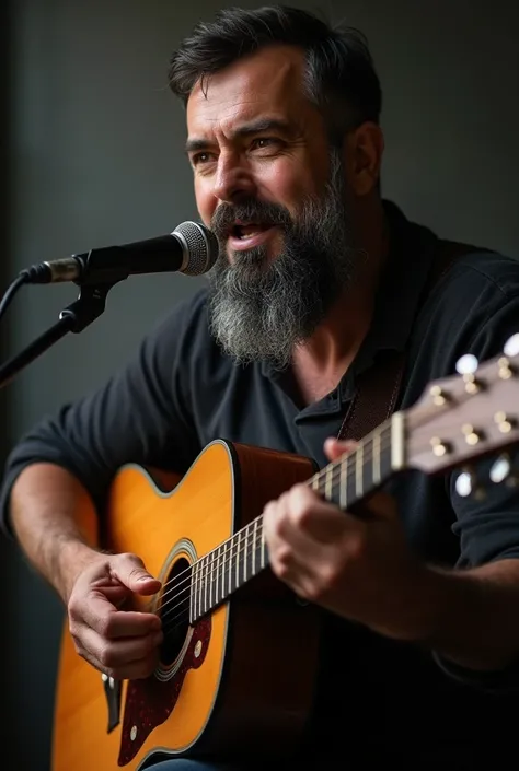 A 40-year-old boy with short hair and a black beard but gray hair playing the guitar and singing