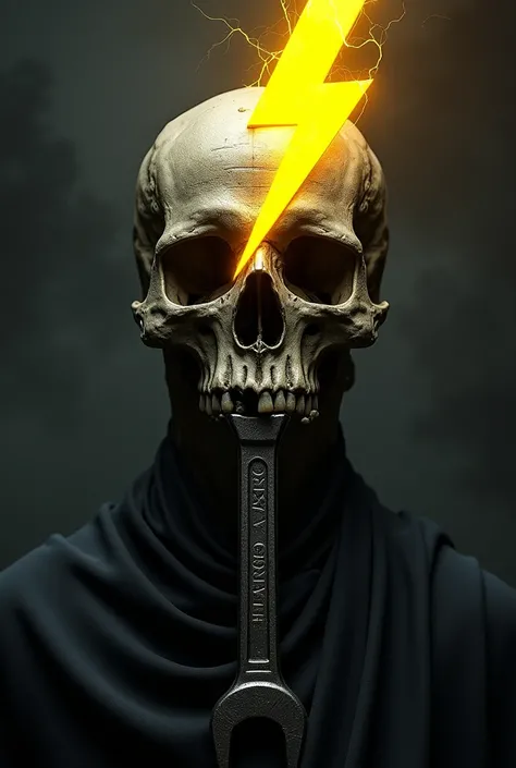 Skull with a yellow lightning bolt and a wrench