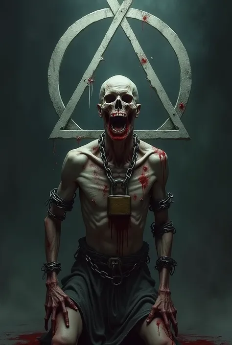 The symbol of the Deathly Hallows upside down,  with a skeletal man on the ,  tied with chains and a padlock on his forehead, bleeding and screaming  