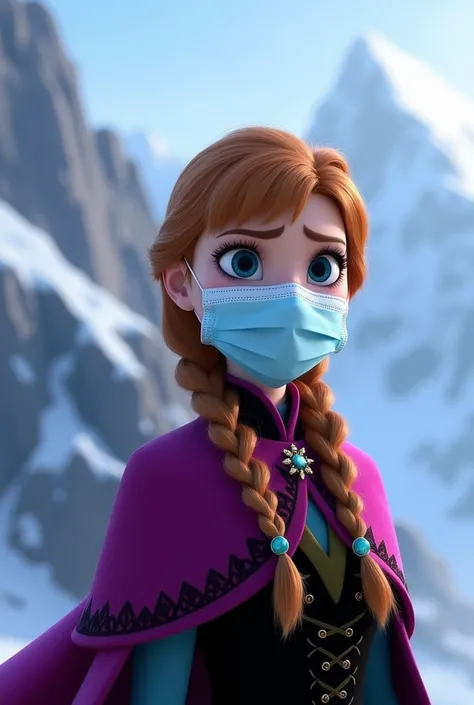 Anna and from Frozen 2 in a medical mask starts to gasp because somethings stuck in her throat and then starts taking herself up the mountains