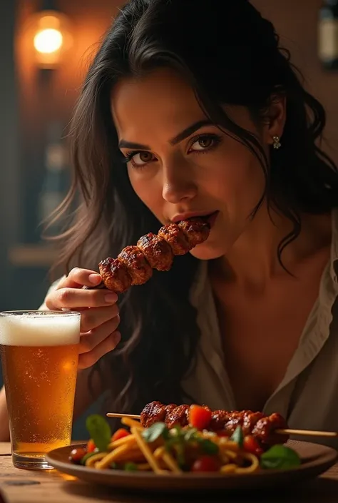 Generate images to awaken a trigger of will ,  a woman tasting a meat kebab drinking a glass of cold beer in a glass 