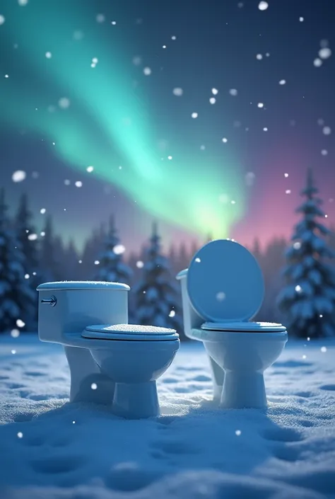 Two western toilets in a aurora night during snowfall 