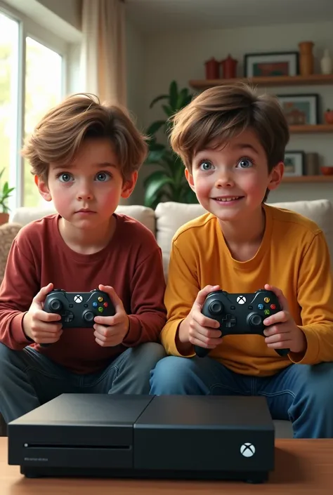 Create a portrait of 2 boys playing Xbox 