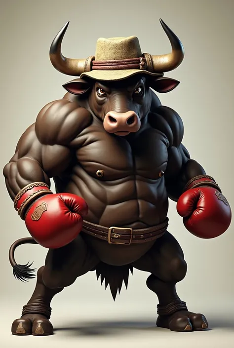 A bull , with boxing gloves, Wearing a weather-worn rangler hat ,  posing as a boxer