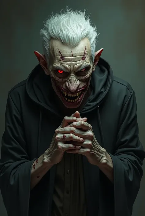 A man with scars on his body, his hands , with white hair, red eyes, a macabre smile and a shadow covering his face. 